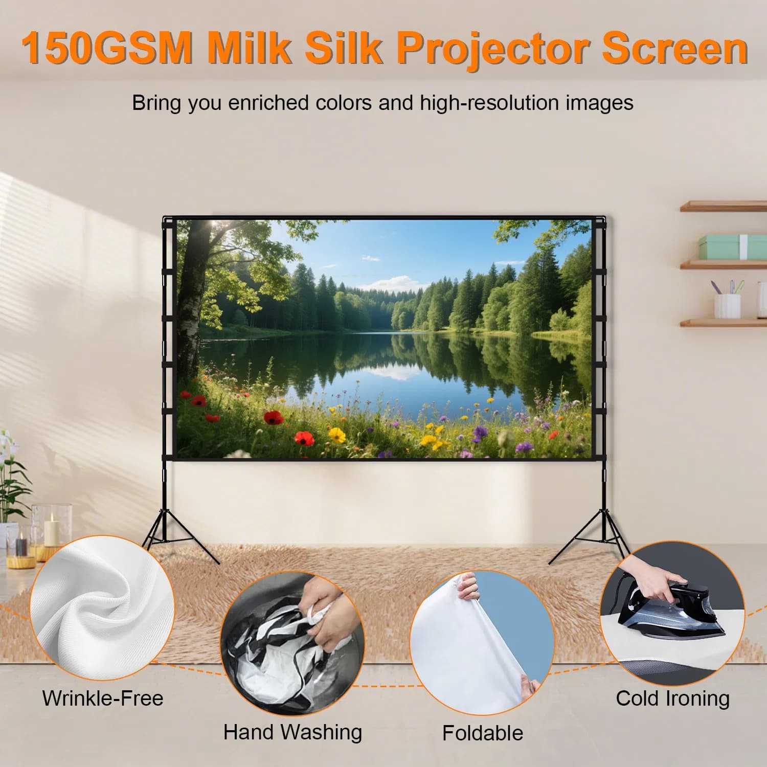 100-120" Portable Projector Screen with Stand, Foldable & Anti-Crease, HD 4K Movie Screen