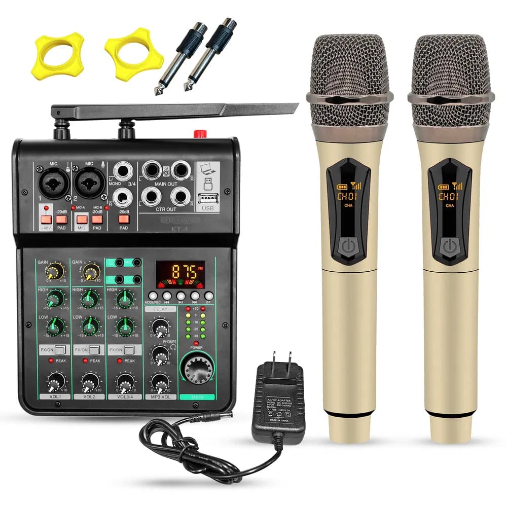 5 कोर ऑडियो मिक्सर साउंड बोर्ड 4 चैनल XLR स्टीरियो रिसीवर w ब्लूटूथ USB माइक्रोफोन PA