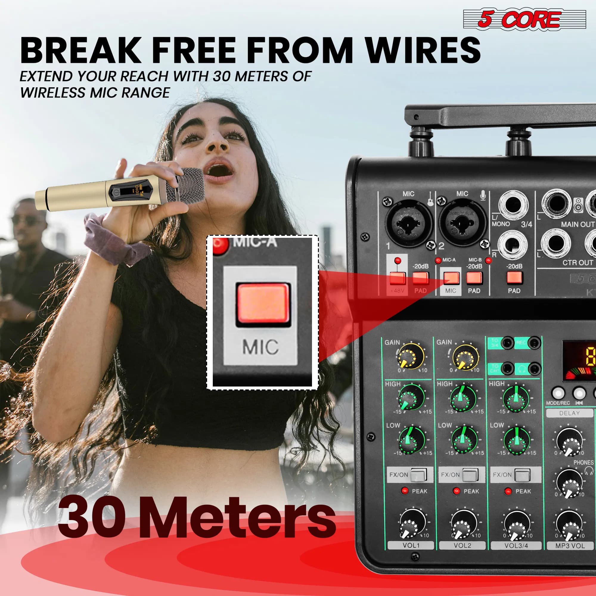 Carte son de mixage Audio 5 cœurs, récepteur stéréo XLR 4 canaux avec Microphone USB Bluetooth PA