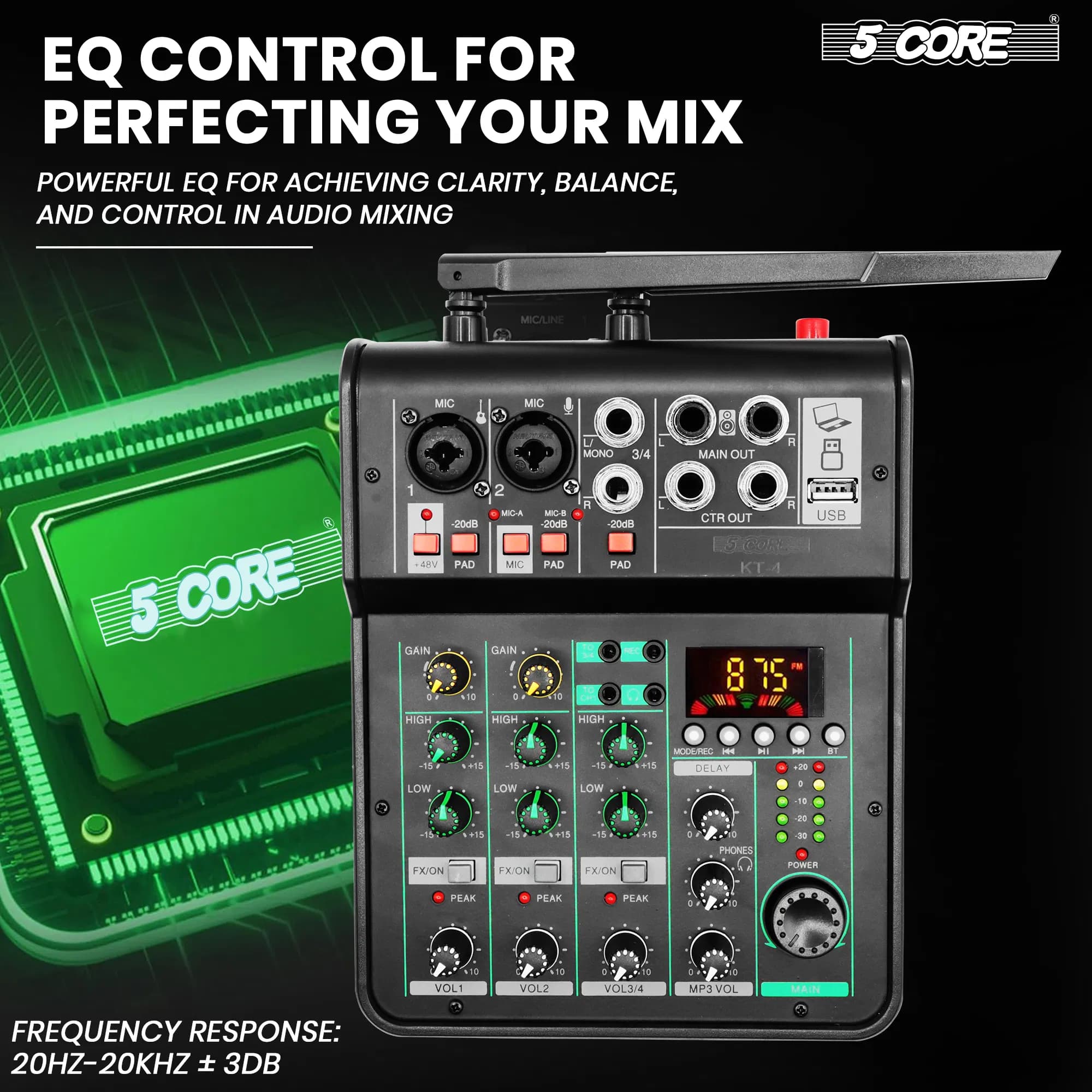 Carte son de mixage Audio 5 cœurs, récepteur stéréo XLR 4 canaux avec Microphone USB Bluetooth PA