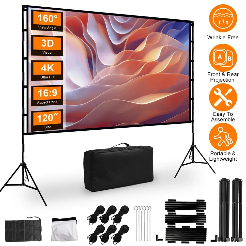 100-120" Portable Projector Screen with Stand, Foldable & Anti-Crease, HD 4K Movie Screen