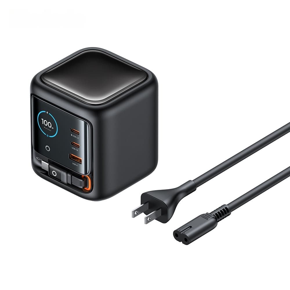 Chargeur multiport GaN 100 W avec câble de type C rétractable intégré – Adaptateur de prise AI Smart Display UK EU Charge rapide pour ordinateur portable, téléphone, tablette, voyage
