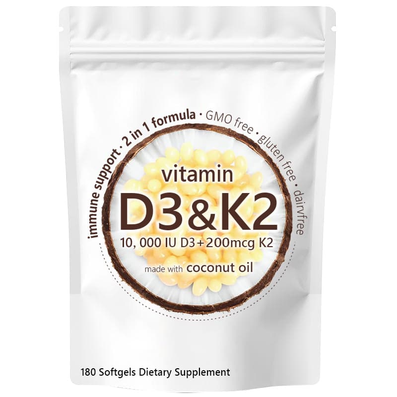 Vitamin D3 K2 Softgels 10,000 IU D3 200 Mcg K2 With Coconut Oil Immune Bone Health Support