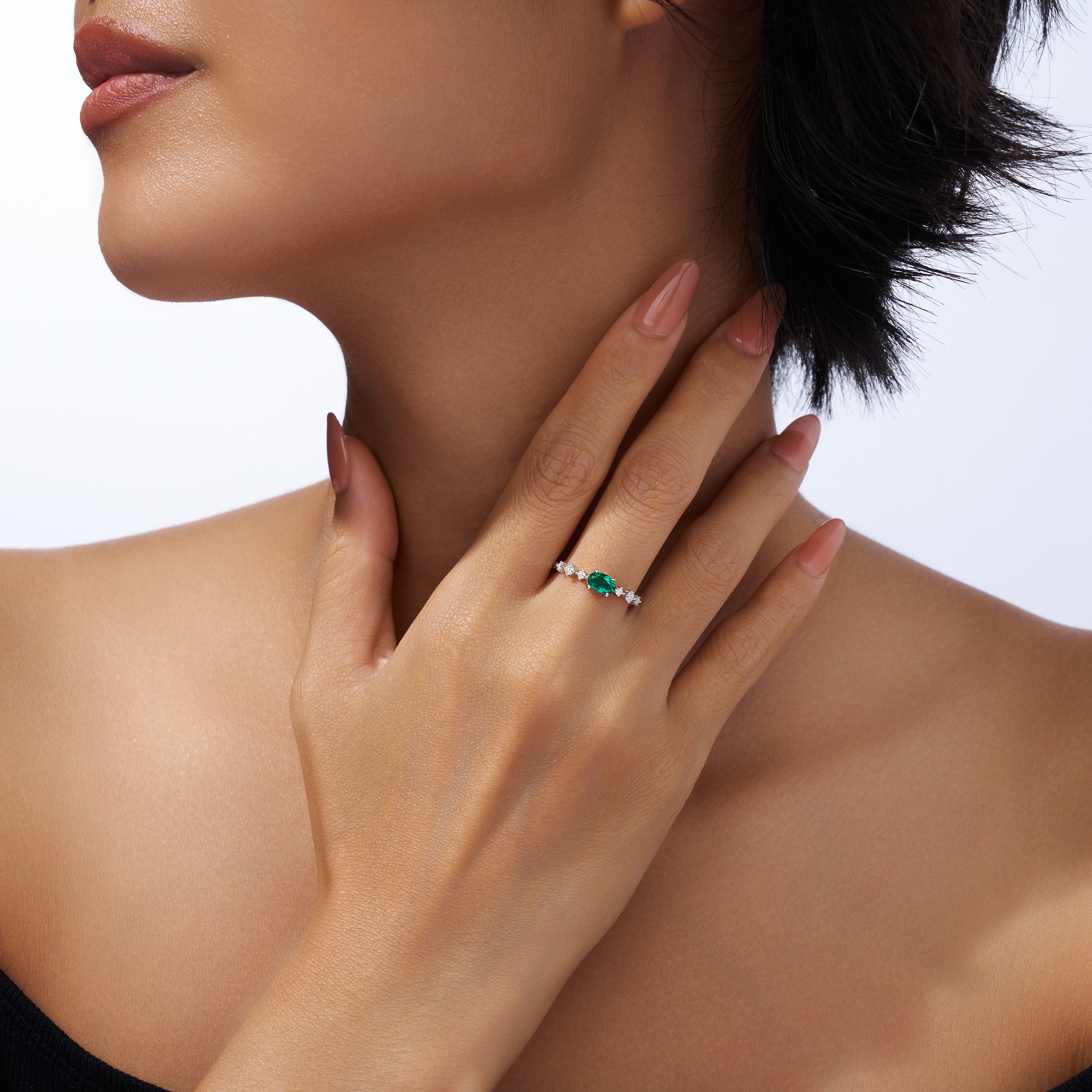 1.2g Silver Platinum Plated Ring Octagon Cut Lab Grown Emerald Band Dainty Minimalist