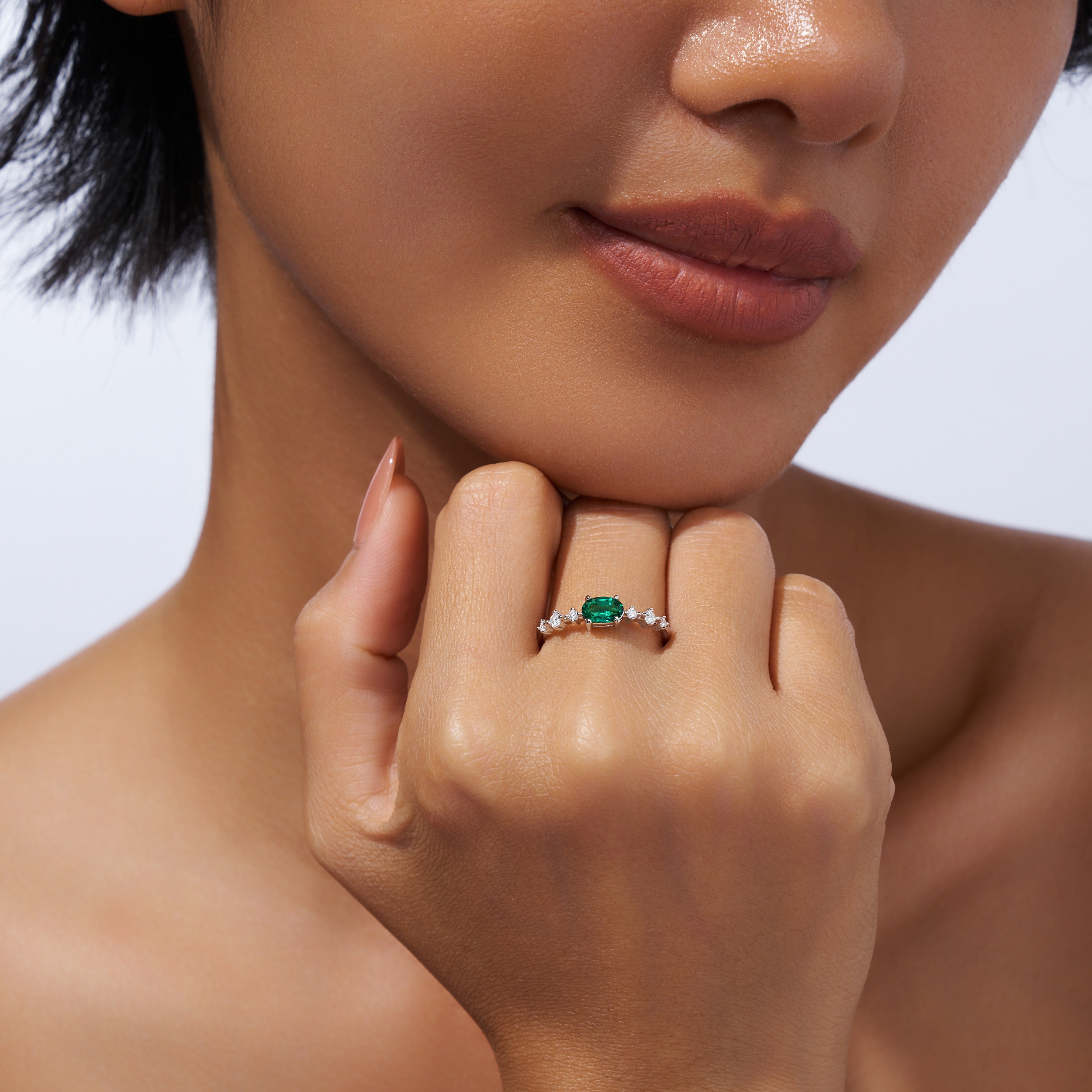 1.2g Silver Platinum Plated Ring Octagon Cut Lab Grown Emerald Band Dainty Minimalist