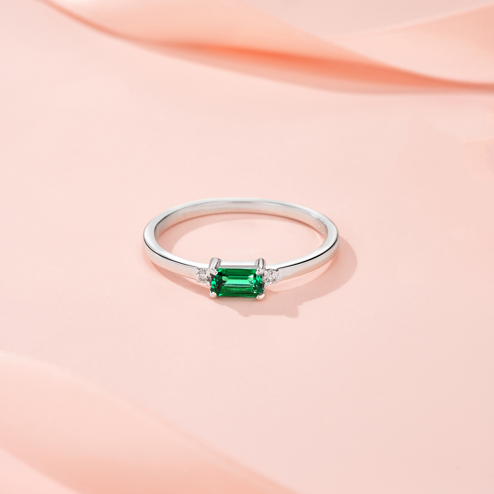 1.5g Silver Platinum Plated Ring Octagon Cut Lab Grown Emerald Band Dainty Minimalist