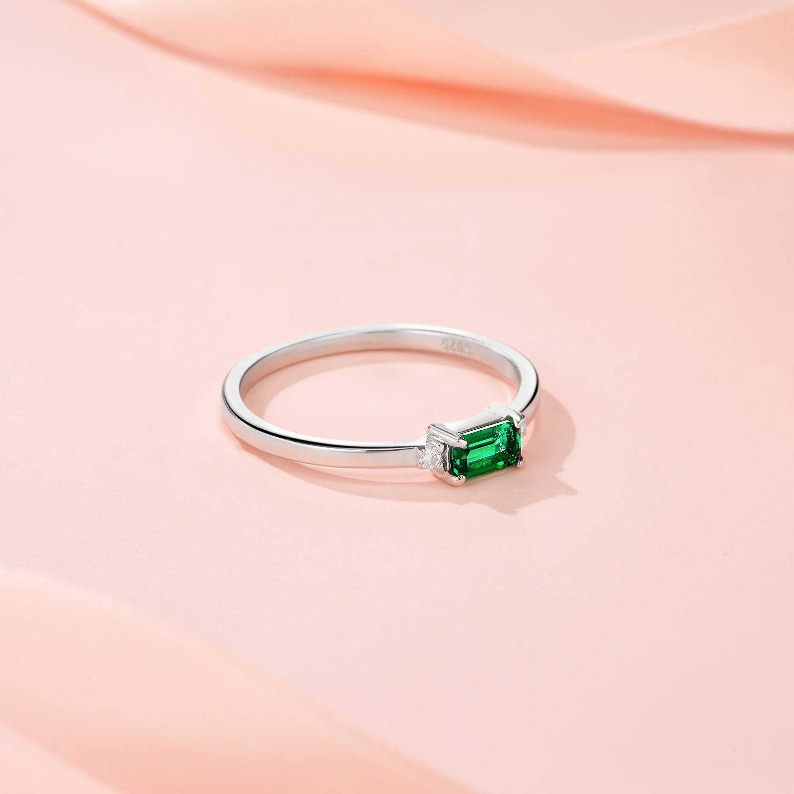 1.5g Silver Platinum Plated Ring Octagon Cut Lab Grown Emerald Band Dainty Minimalist