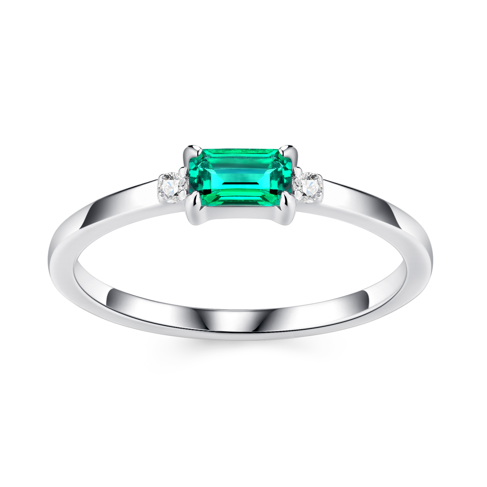 1.5g Silver Platinum Plated Ring Octagon Cut Lab Grown Emerald Band Dainty Minimalist