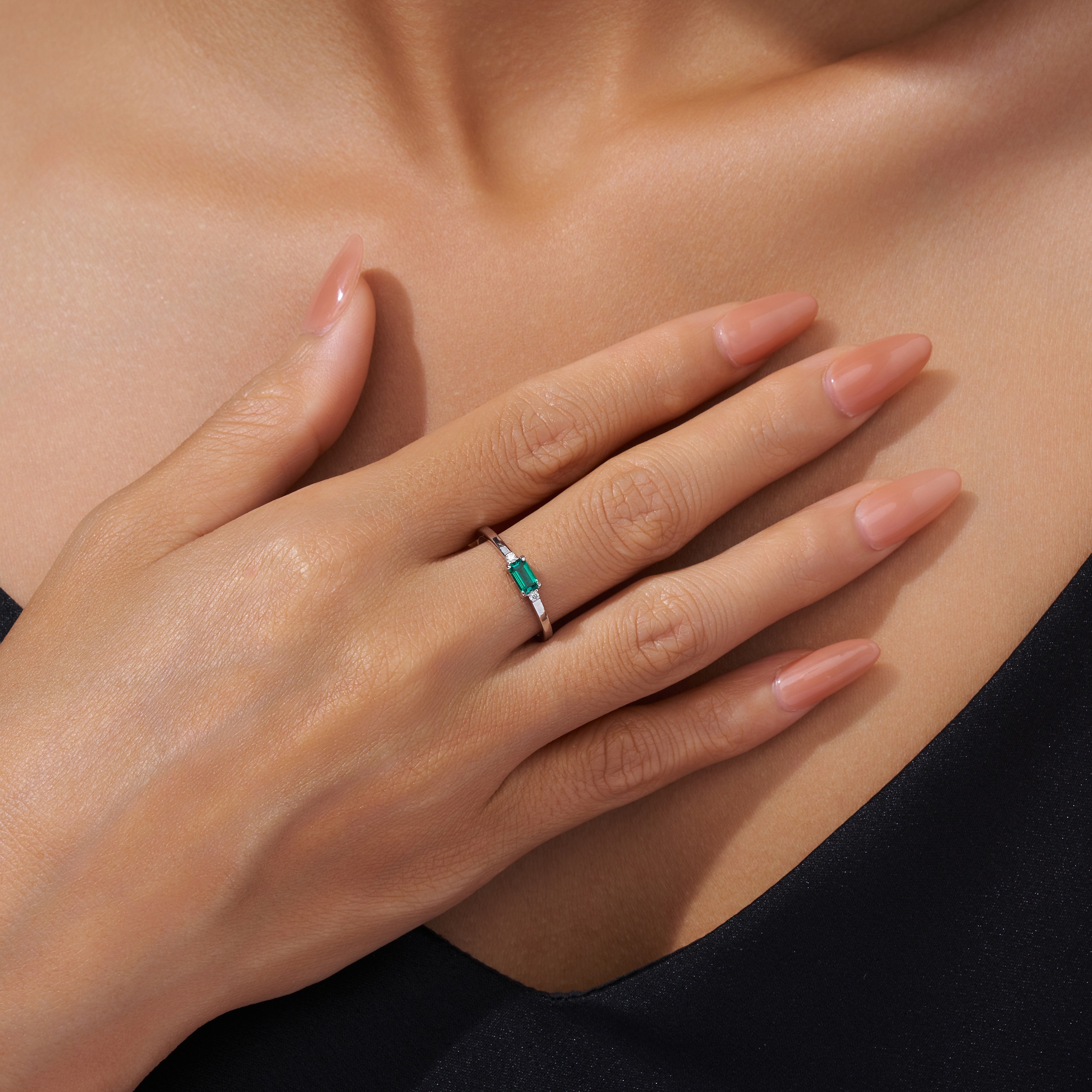 1.5g Silver Platinum Plated Ring Octagon Cut Lab Grown Emerald Band Dainty Minimalist