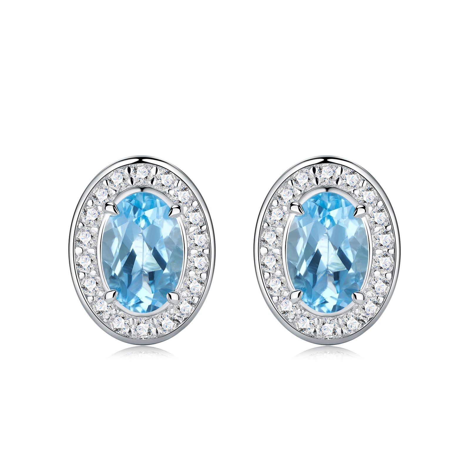 1.65g Sterling Silver Halo Stud Earrings Oval Cut Blue Topaz & Moissanite, Platinum Plated
