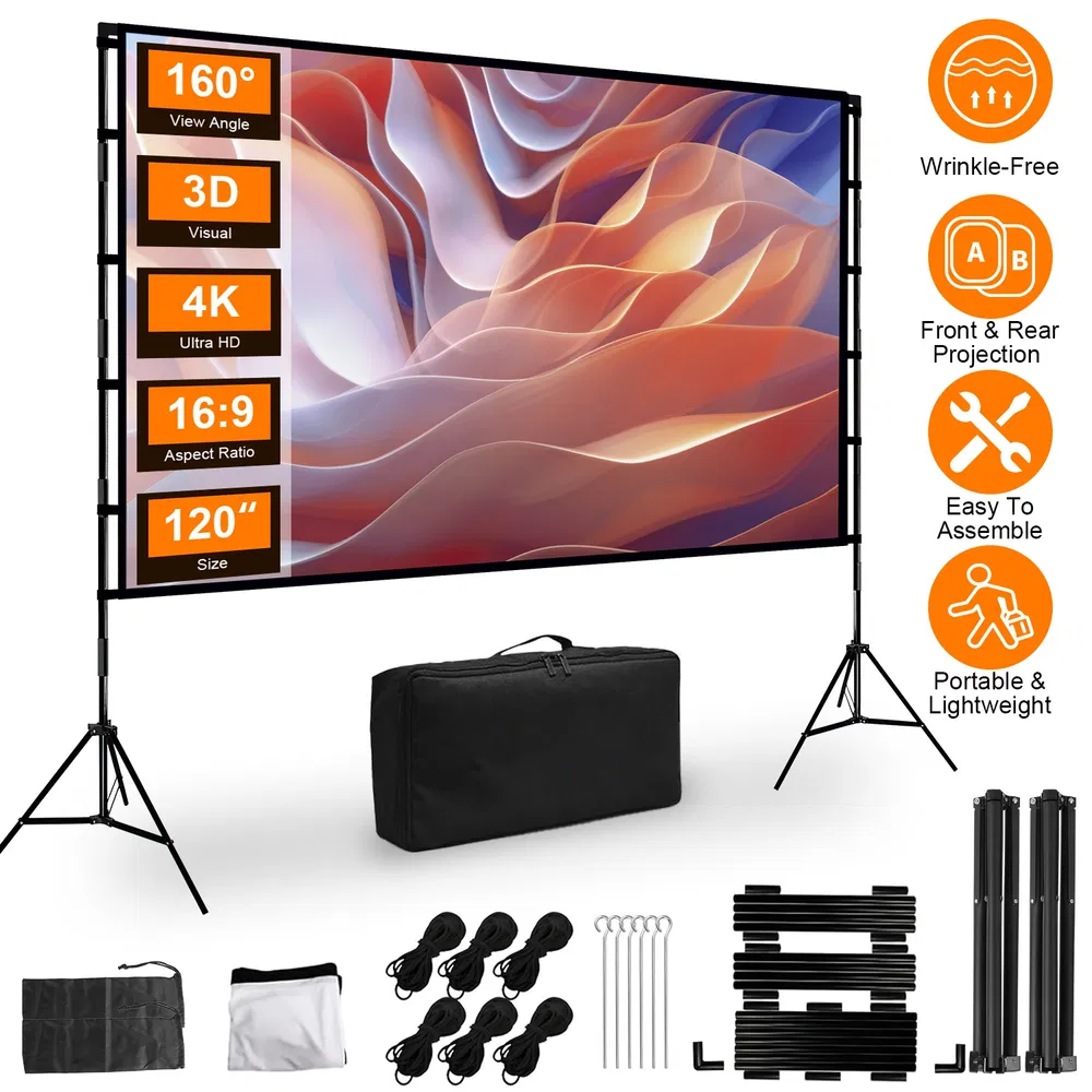 100–120 Zoll tragbare Projektorleinwand mit Ständer, faltbar und knitterfrei, HD 4K-Filmleinwand