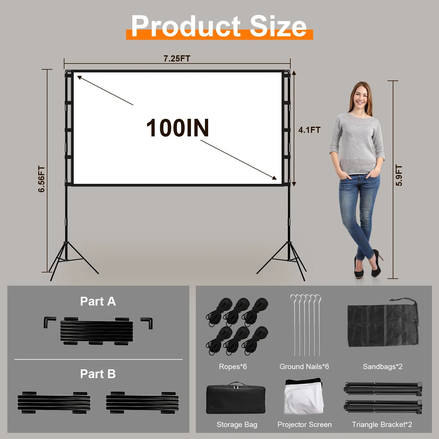100–120 Zoll tragbare Projektorleinwand mit Ständer, faltbar und knitterfrei, HD 4K-Filmleinwand