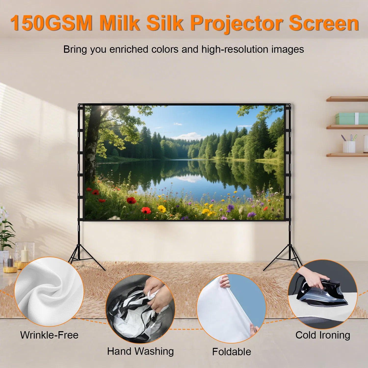 100–120 Zoll tragbare Projektorleinwand mit Ständer, faltbar und knitterfrei, HD 4K-Filmleinwand