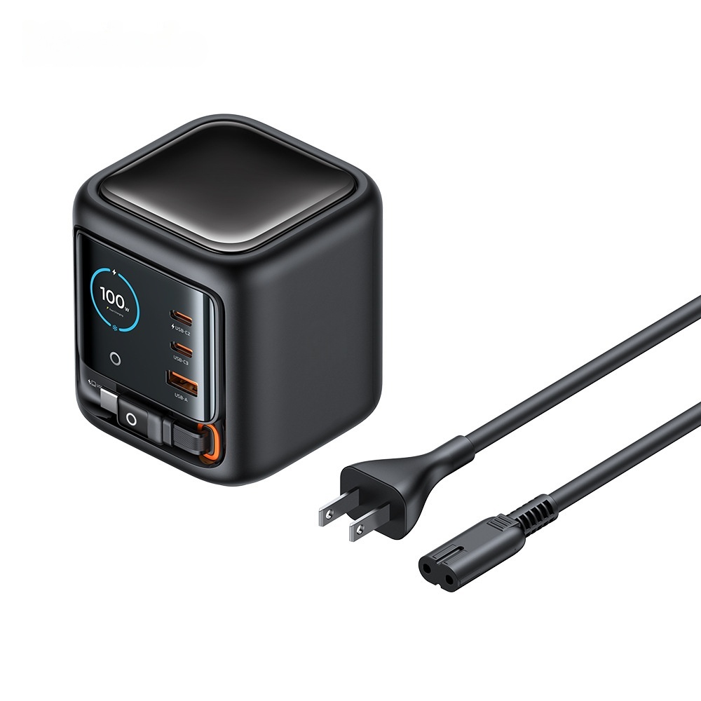 100-W-GaN-Multi-Port-Ladegerät mit integriertem einziehbarem Typ-C-Kabel – AI Smart Display UK-EU-Stecker-Adapter, schnelles Aufladen für Laptop, Telefon, Tablet, Reisen