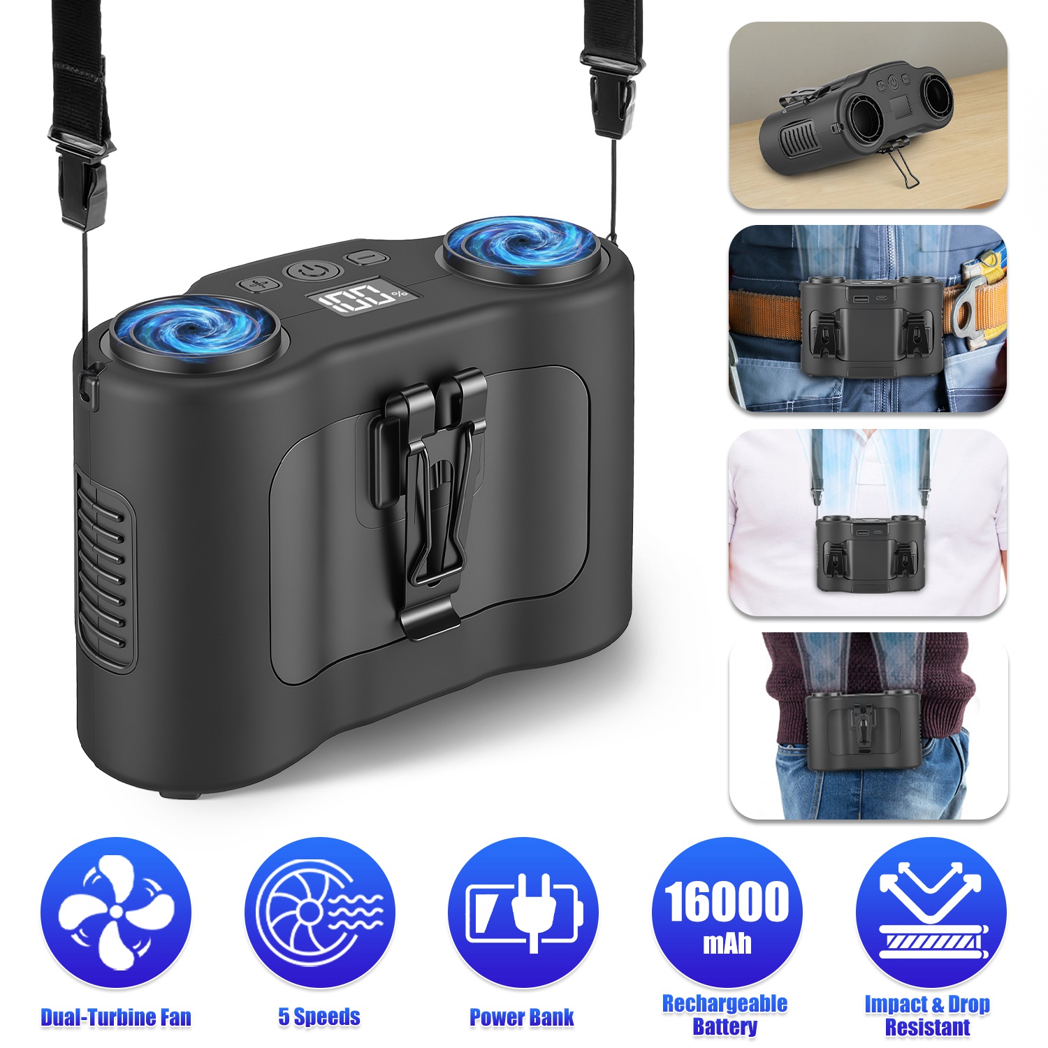 16000 mAh 4-in-1 Dual-Turbine-Taillenclip-Lüfter, tragbarer persönlicher Lüfter, freihändig mit 5 Geschwindigkeiten