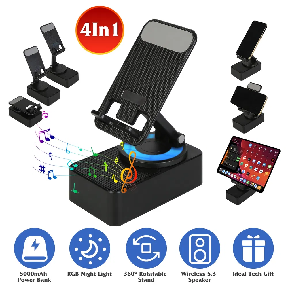 1Pc 4 In 1 Foldable Wireless Speaker Phone Stand With Power Bank 360ºRotatable Stand