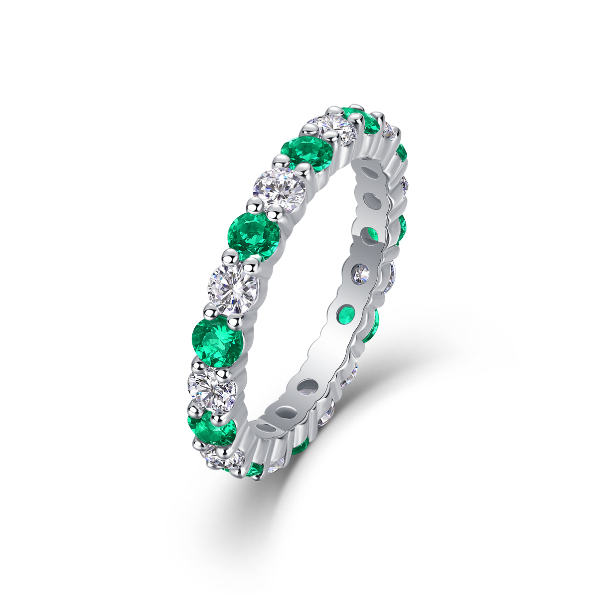 2.4g Sterling Silver Platinum Plated Eternity Ring Alternating Green & White Gemstone