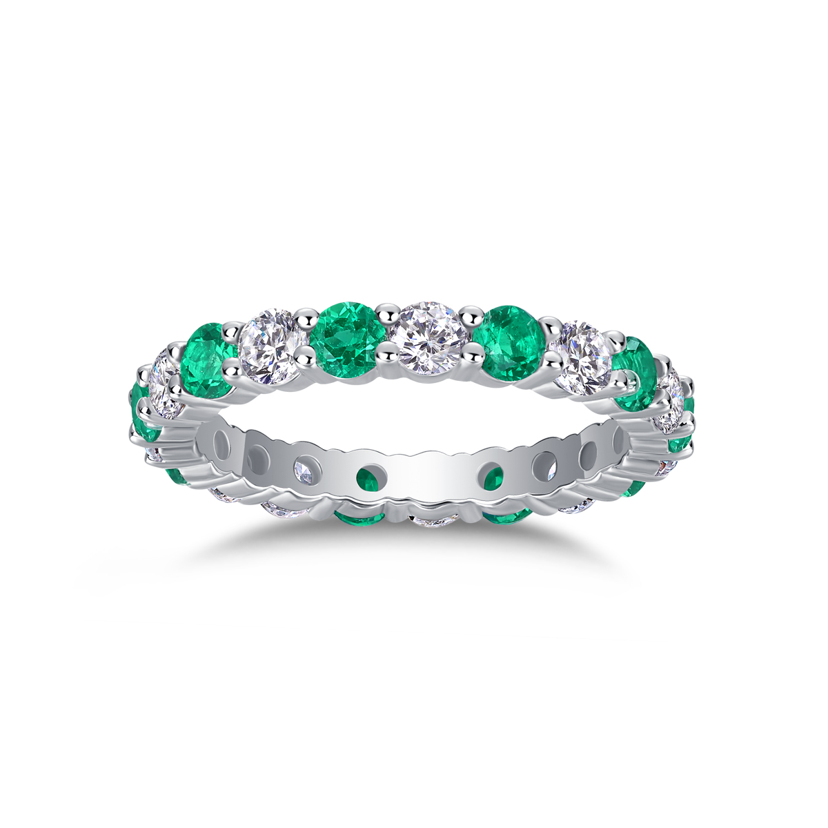 2.4g Sterling Silver Platinum Plated Eternity Ring Alternating Green & White Gemstone