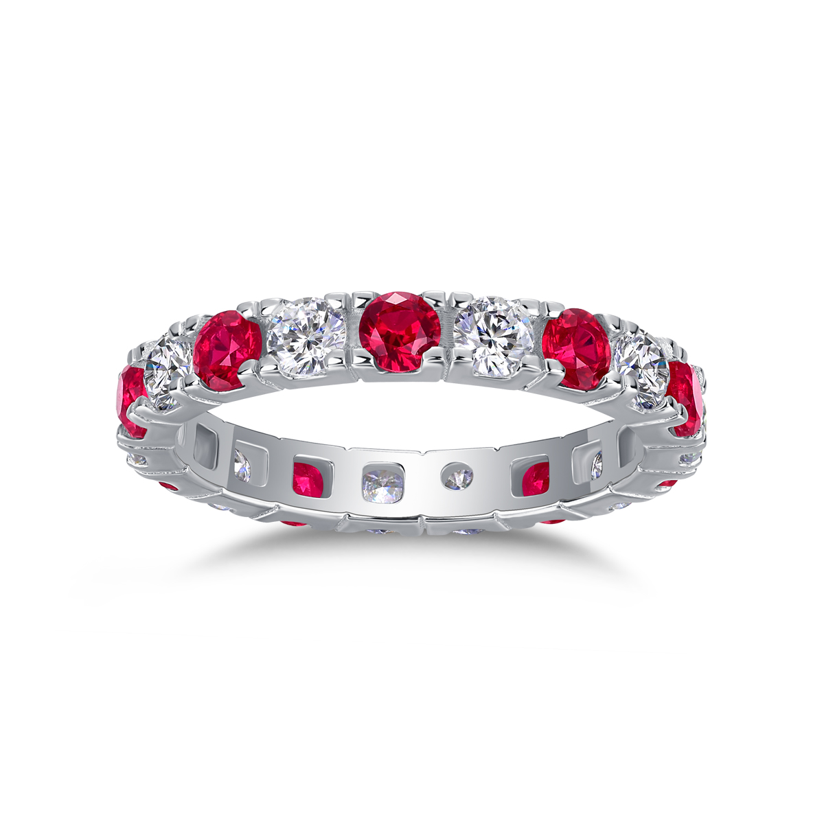 2.4g Sterling Silver Platinum Plated Eternity Ring Synthetic Ruby & White Stone