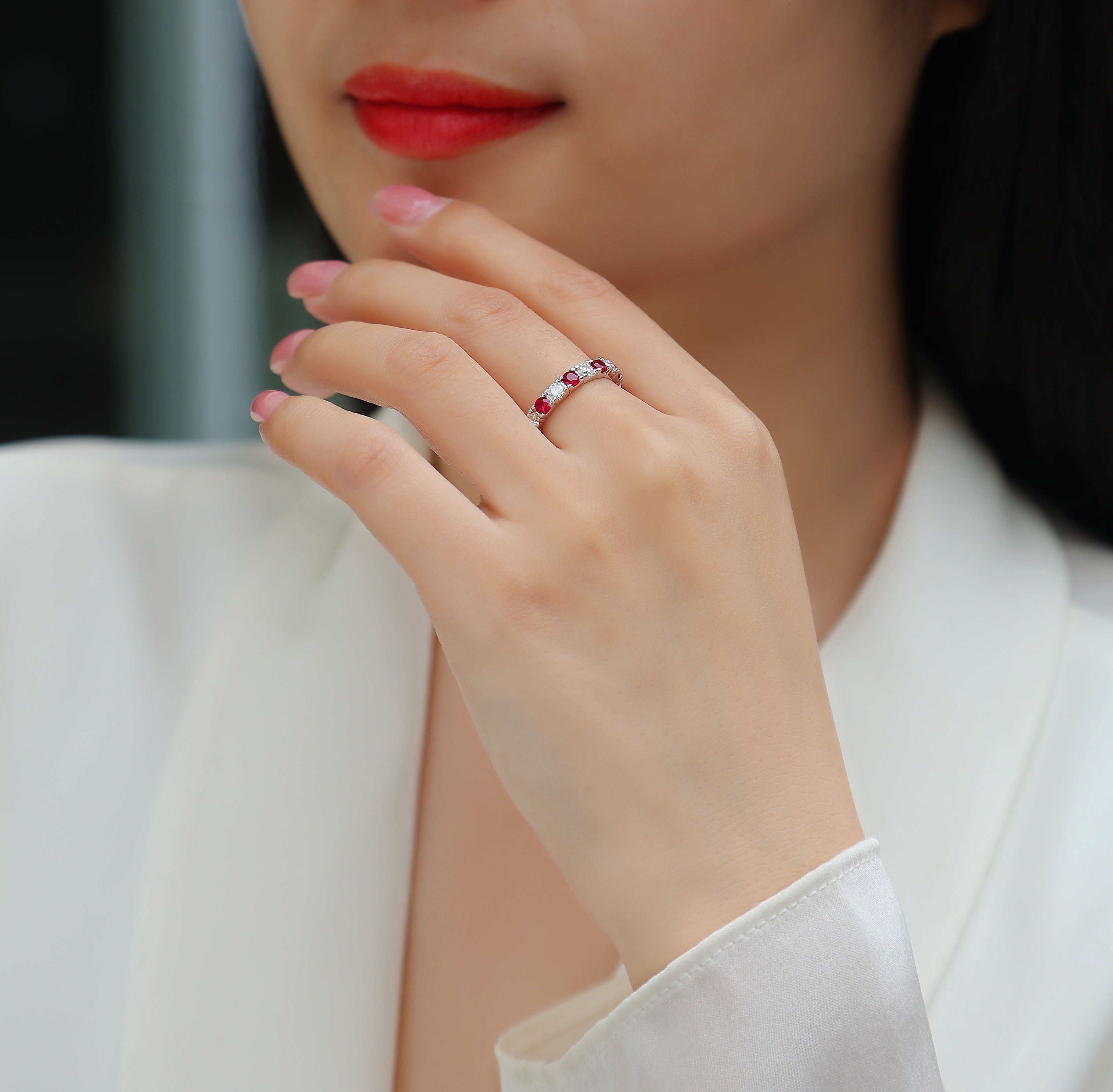 2.4g Sterling Silver Platinum Plated Eternity Ring Synthetic Ruby & White Stone
