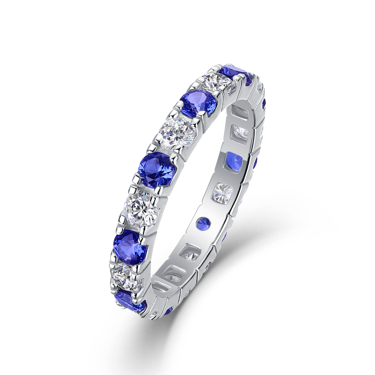 2.4g Sterling Silver Platinum Plated Ring Synthetic Blue Sapphire & White Stone