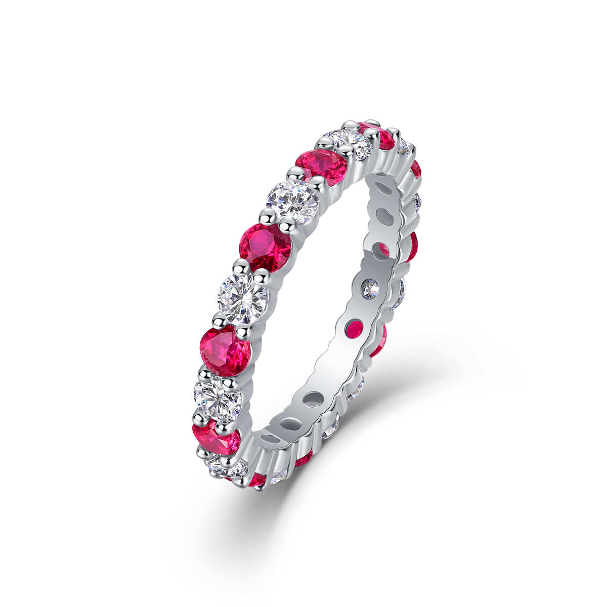 2.4g Sterling Silver Platinum Plated Ring Synthetic Ruby & White Stone Alternating