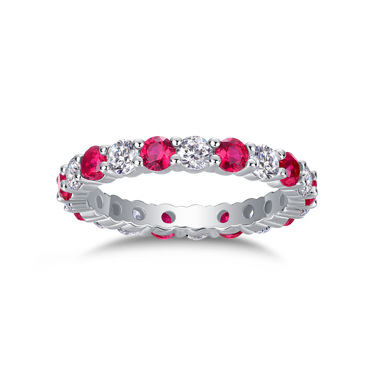 2.4g Sterling Silver Platinum Plated Ring Synthetic Ruby & White Stone Alternating