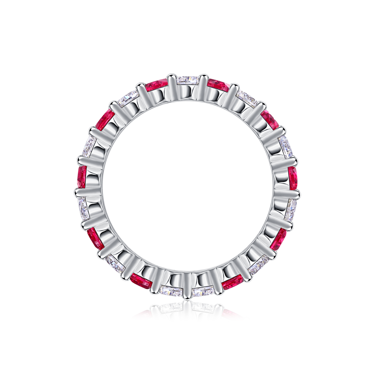 2.4g Sterling Silver Platinum Plated Ring Synthetic Ruby & White Stone Alternating