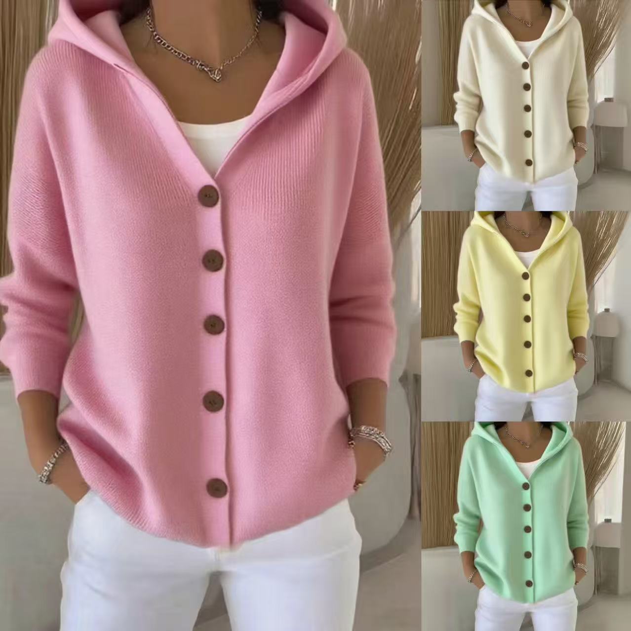 2025 European And American Button Knitted Hooded Sweater Cardigan Jacket Autumn And Winter