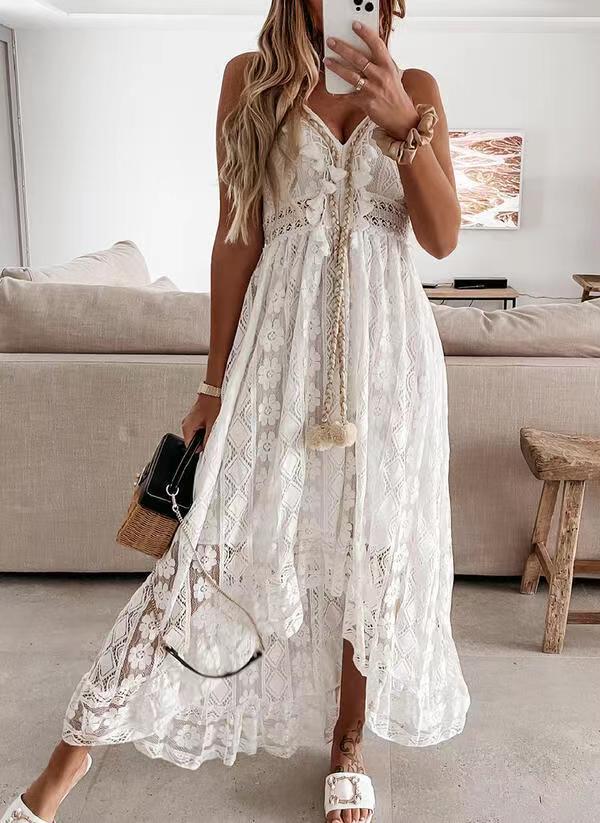 2025 Summer New European And American Style Lace Strap Maxi Solid Color Dress