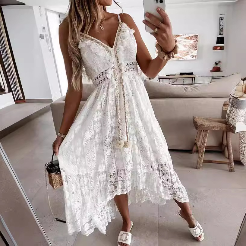 2025 Summer New European And American Style Lace Strap Maxi Solid Color Dress