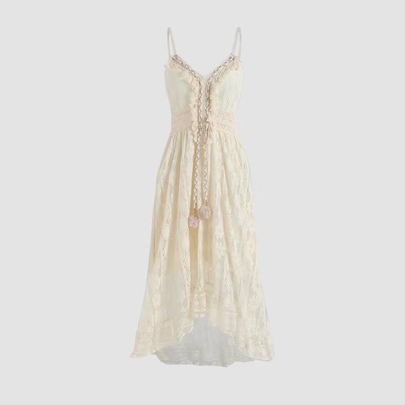 2025 Summer New European And American Style Lace Strap Maxi Solid Color Dress