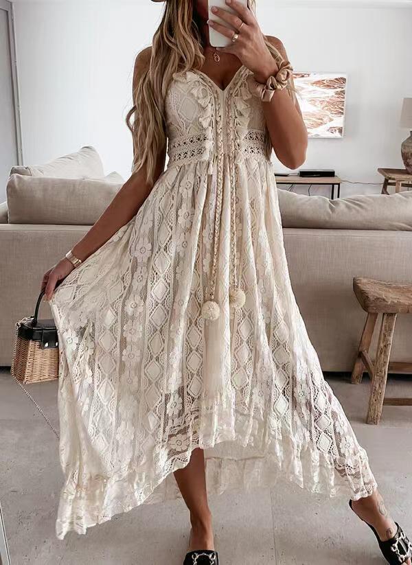 2025 Summer New European And American Style Lace Strap Maxi Solid Color Dress