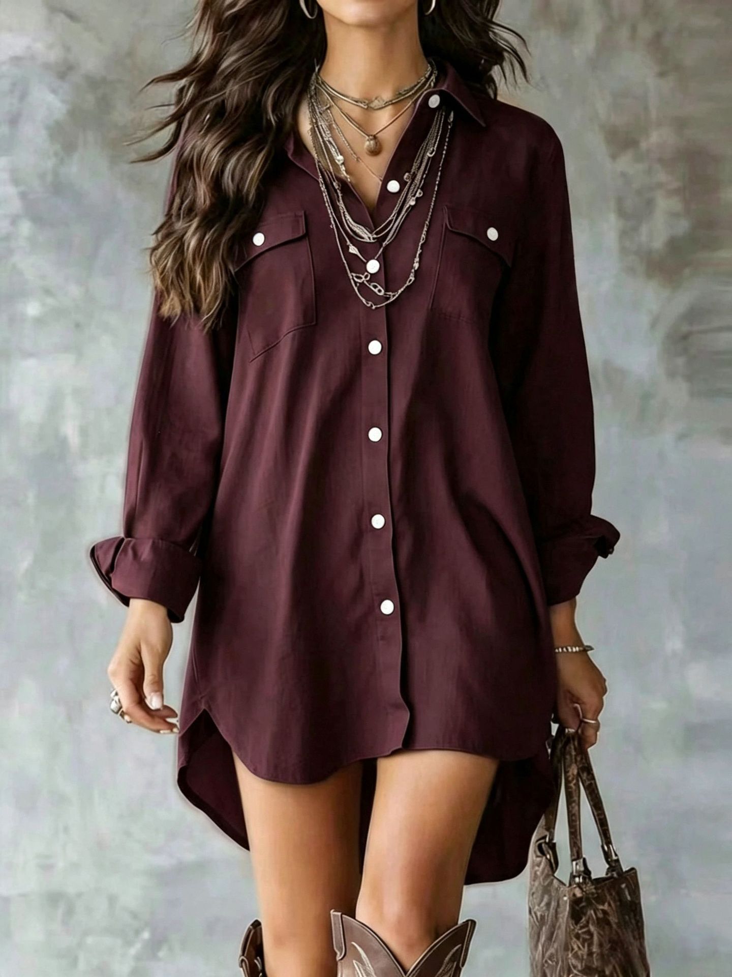 2026 Amazon European And American Long-Sleeve Buttoned Shirt Dress Slimming Slit Casual