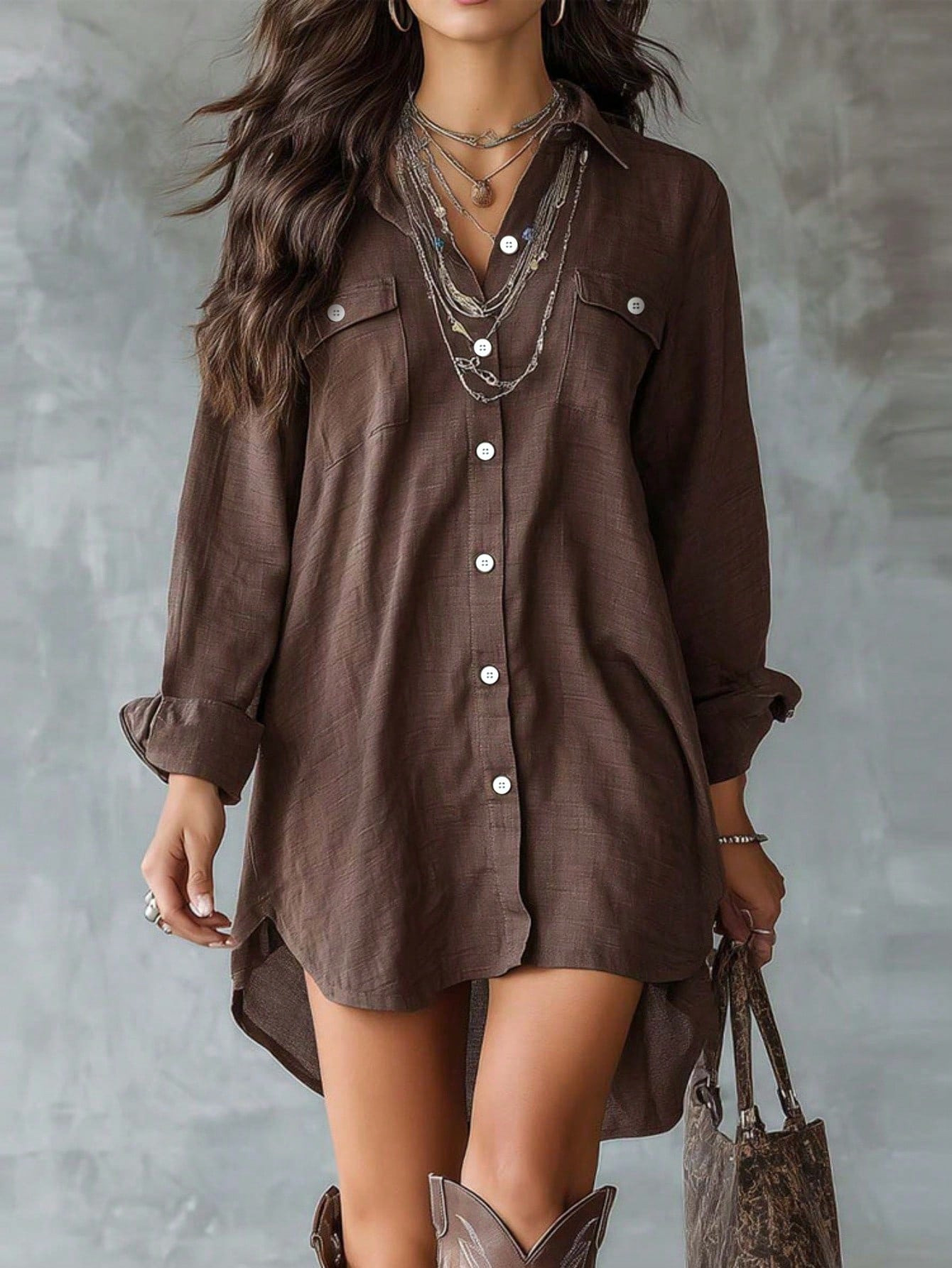 2026 Amazon European And American Long-Sleeve Buttoned Shirt Dress Slimming Slit Casual
