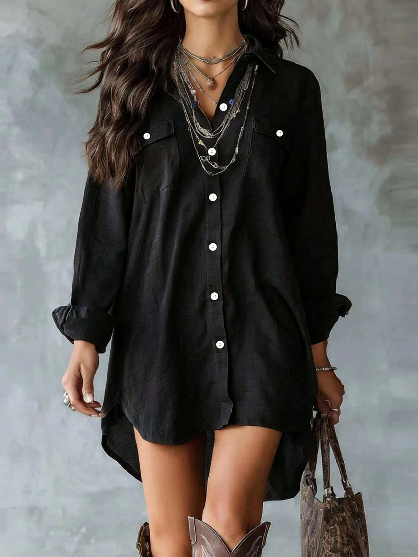 2026 Amazon European And American Long-Sleeve Buttoned Shirt Dress Slimming Slit Casual