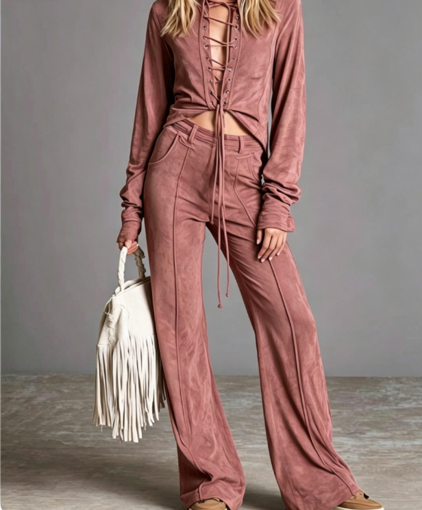 2026 Amazon Fashion Elegant Cardigan With Tie, Denim-Style Long Sleeve Pants Solid Color