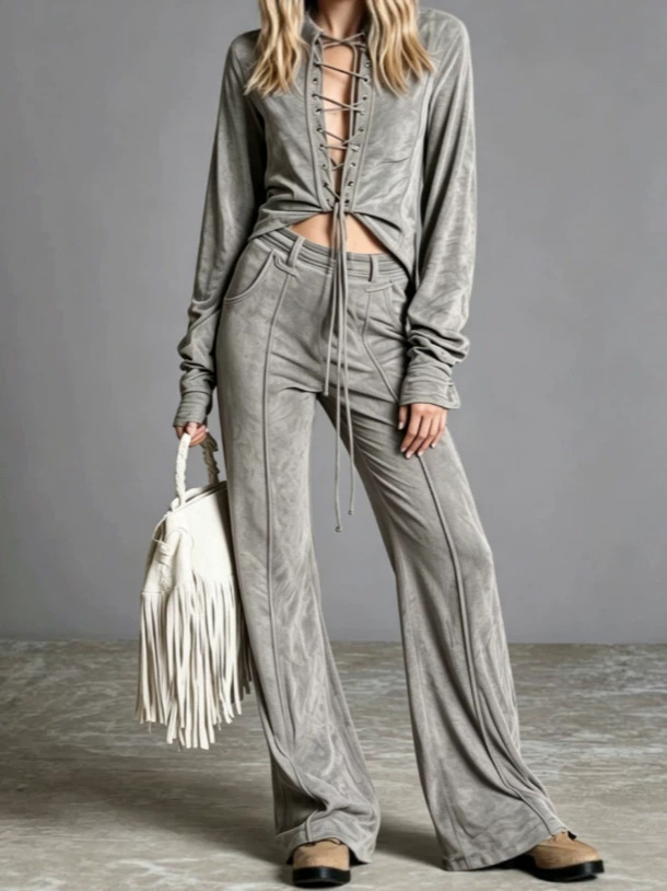 2026 Amazon Fashion Elegant Cardigan With Tie, Denim-Style Long Sleeve Pants Solid Color