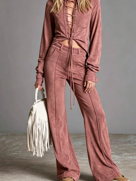 2026 Amazon Fashion Elegant Cardigan With Tie, Denim-Style Long Sleeve Pants Solid Color