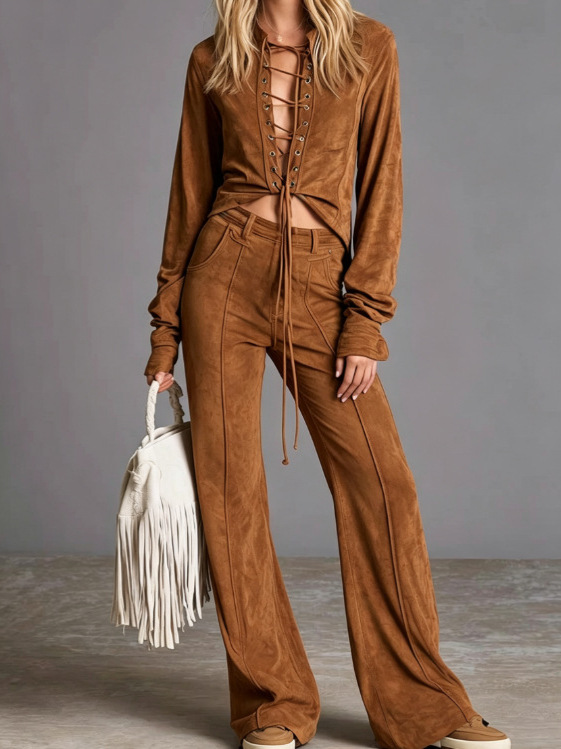 2026 Amazon Fashion Elegant Cardigan With Tie, Denim-Style Long Sleeve Pants Solid Color
