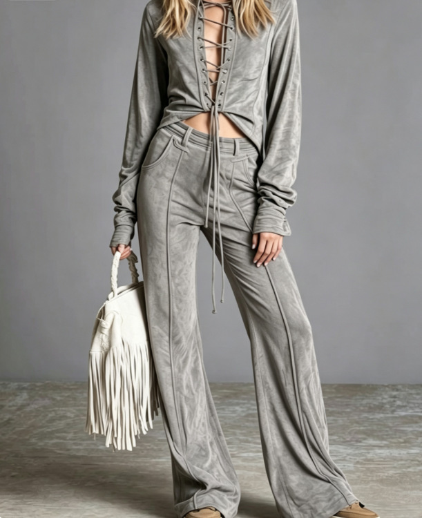 2026 Amazon Fashion Elegant Cardigan With Tie, Denim-Style Long Sleeve Pants Solid Color