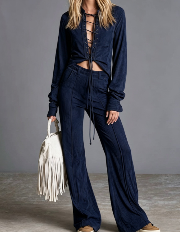 2026 Amazon Fashion Elegant Cardigan With Tie, Denim-Style Long Sleeve Pants Solid Color