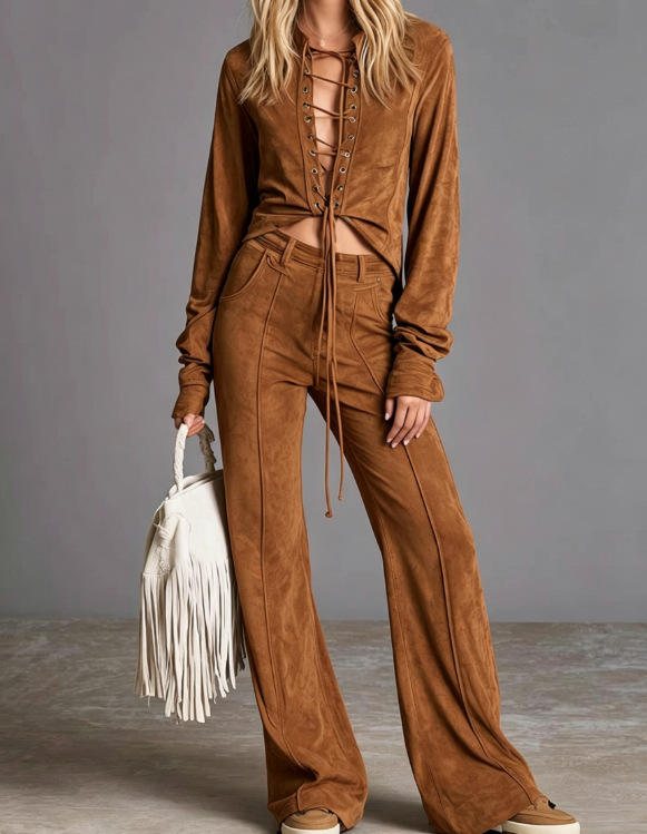 2026 Amazon Fashion Elegant Cardigan With Tie, Denim-Style Long Sleeve Pants Solid Color