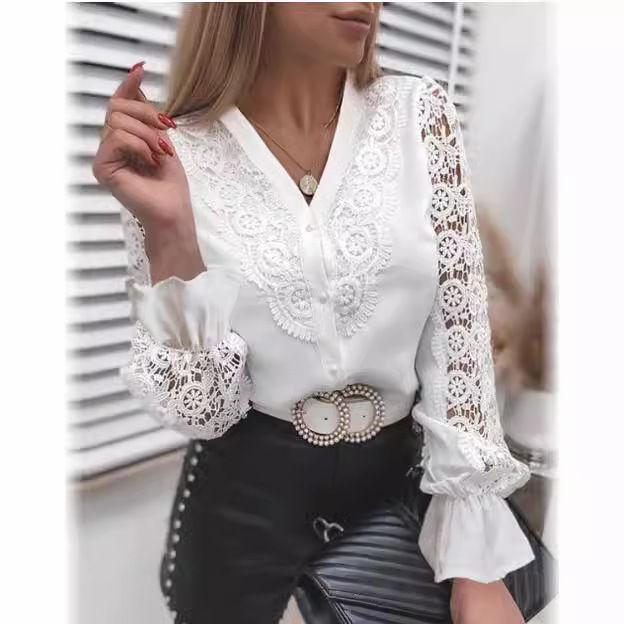 2026 Autumn New Women's Long Sleeved Shirt New Solid Color Lace V-neck Cardigan Shirtmen's