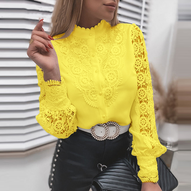 2026 Autumn New Women's Long Sleeved Shirt New Solid Color Lace V-neck Cardigan Shirtmen's
