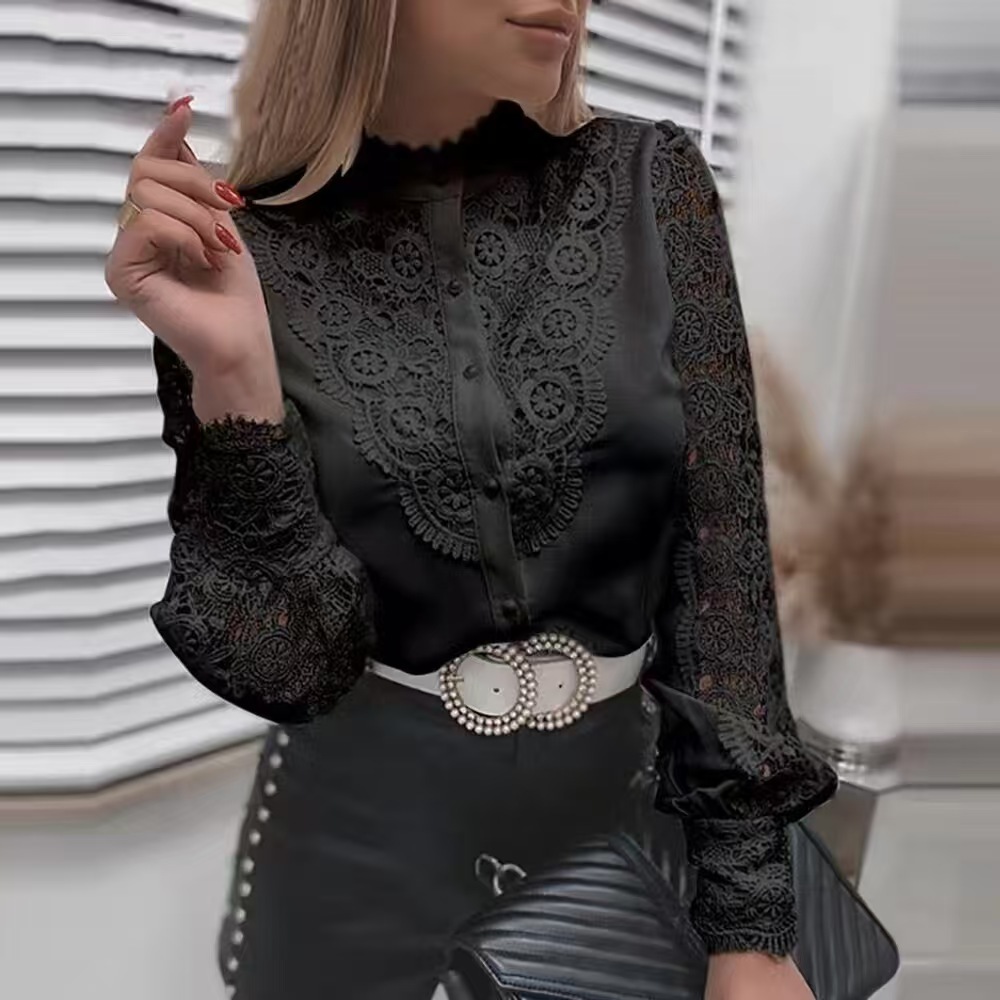 2026 Autumn New Women's Long Sleeved Shirt New Solid Color Lace V-neck Cardigan Shirtmen's