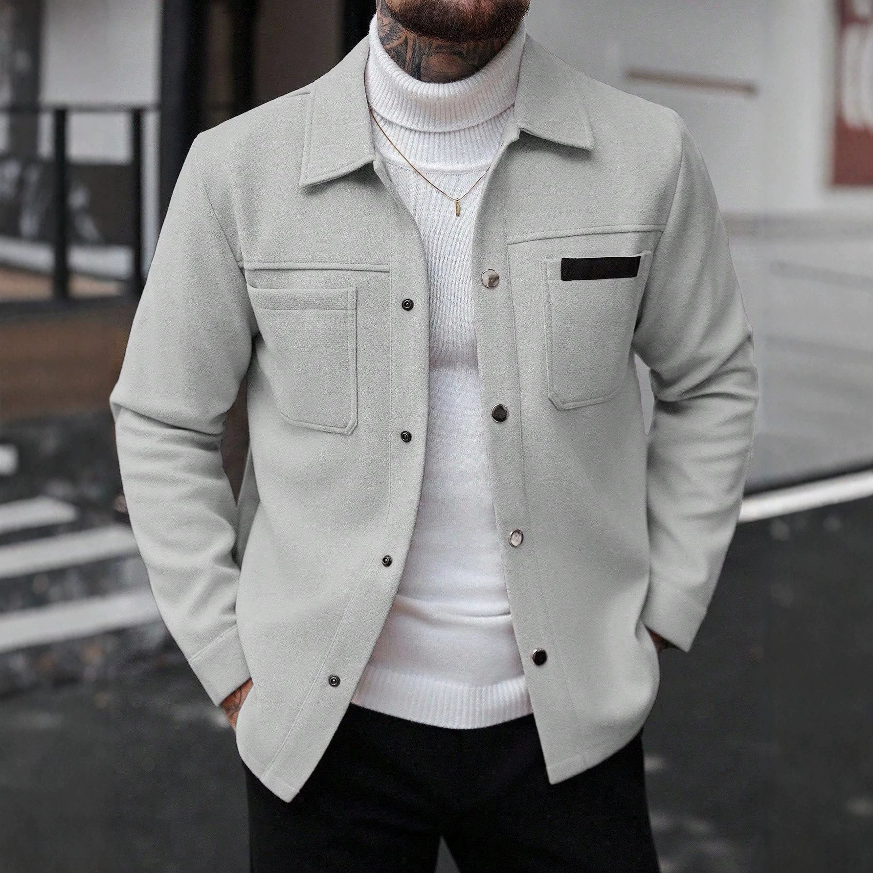 2026 Autumn Winter European And American Men's Fashion Pocket Woolen Jacket With Lapel