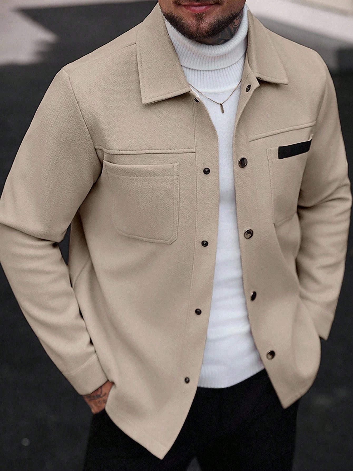 2026 Autumn Winter European And American Men's Fashion Pocket Woolen Jacket With Lapel