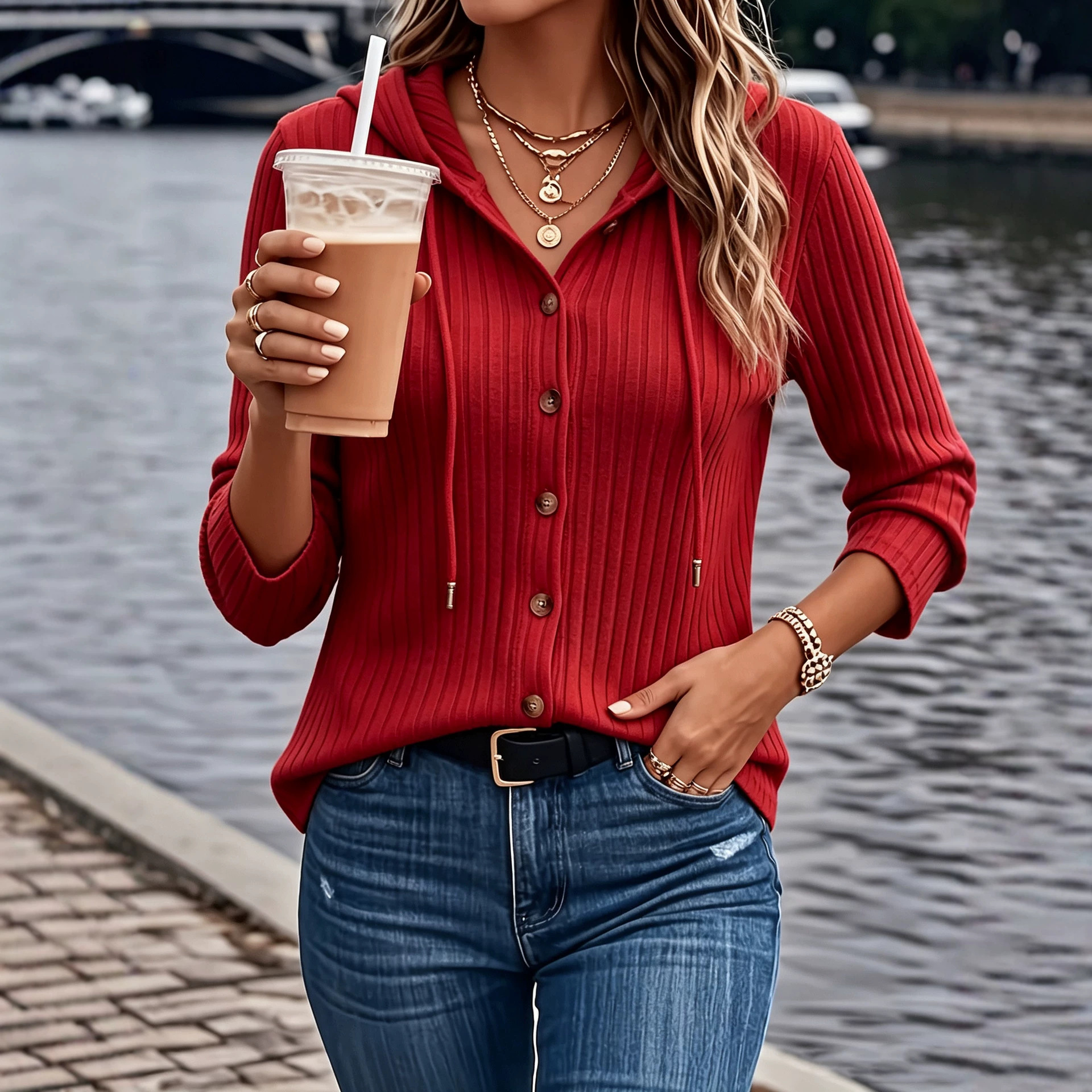 2026 European And American Amazon Women's Button-up Long-sleeve Top Hoodie, Solid Color