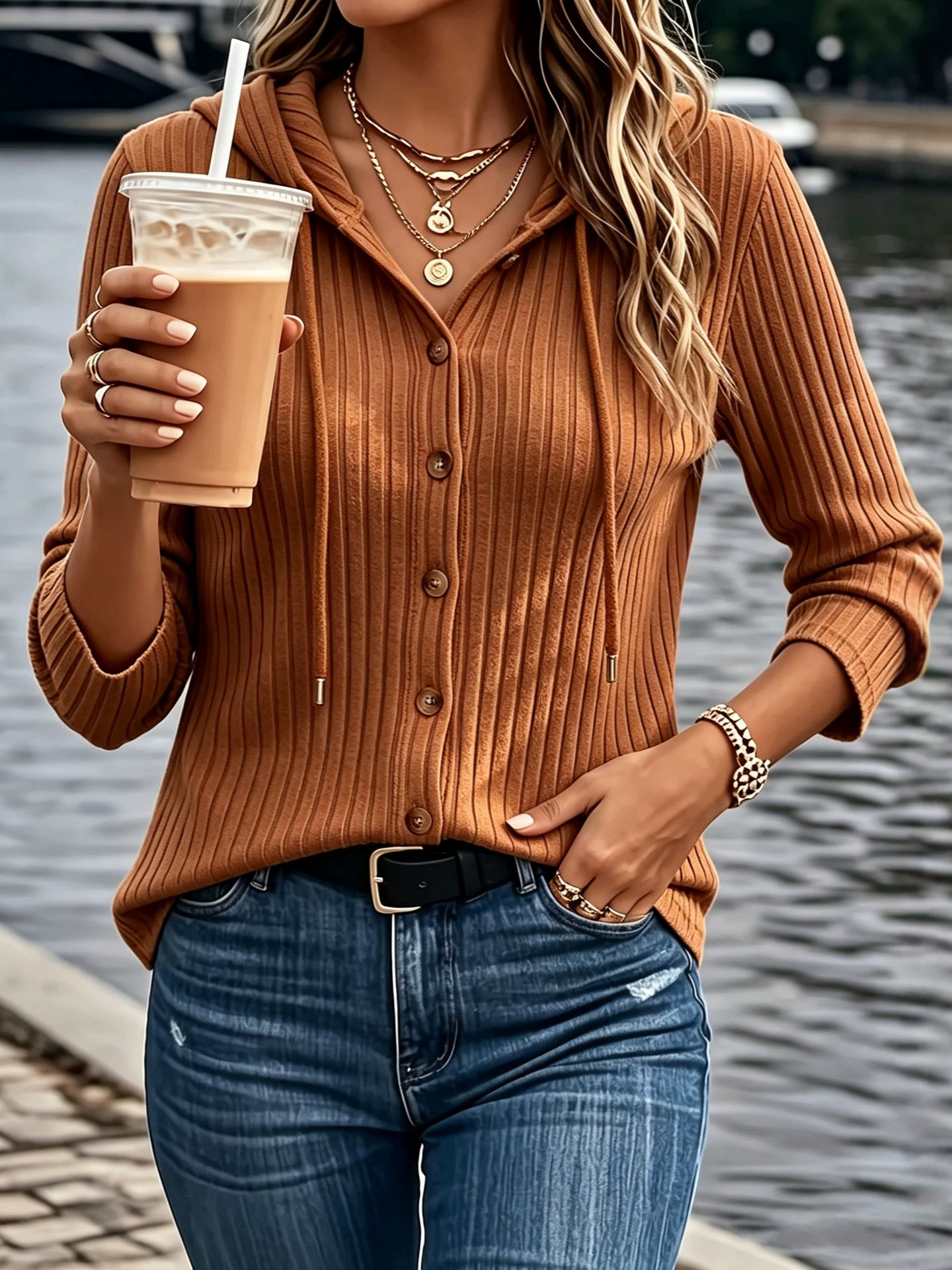 2026 European And American Amazon Women's Button-up Long-sleeve Top Hoodie, Solid Color